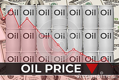 Falling oil price red chart and text on background of gray barrels dollar bill Stock Photo