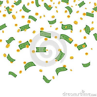 Falling paper banknotes, gold coins, dollar money rain. Flying money earnings luck, fortune in lottery. Vector white Vector Illustration