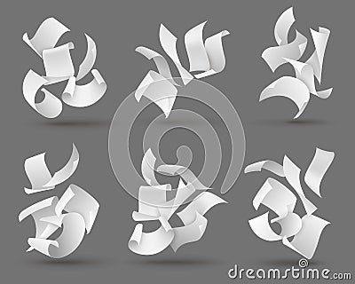 Falling paper sheets. White flying papers with curved corners. Blank document pages, chaotic paperwork. Fly scattered Vector Illustration