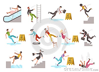 Falling people. People of different ages stumblng and jumping down stairs, slipping wet floor, injury fiasco men and Vector Illustration