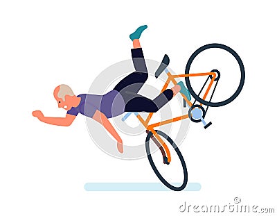 Falling people. Old man falls off bike. Dangerous traumatic situations during cycling, common accidents on walk, extreme Vector Illustration