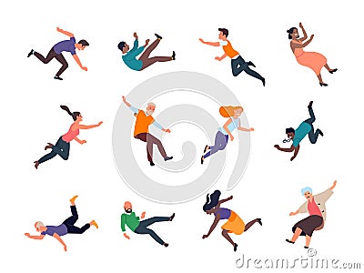 Falling people. Stumbling and slipped women and men different poses, dangerous traumatic situations, common accidents on Vector Illustration