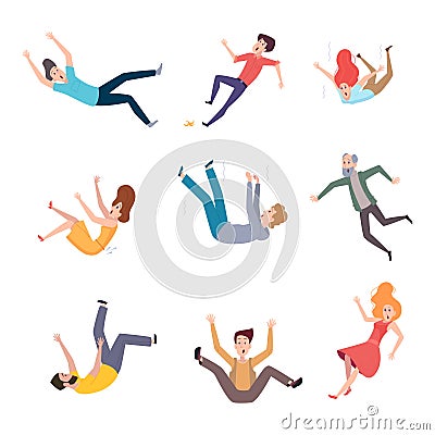 Falling persons. Old people fall on wet floor danger situations crash characters pain legs exact vector illustrations Vector Illustration