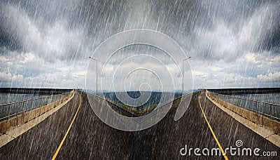 Falling rain in road spliting in two way Stock Photo