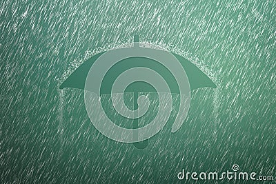 Falling raindrop on green background with Umbrella shape. Heavy rain and weather storm in raining season Stock Photo