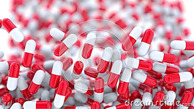 Falling red and white drug capsules or pills, shallow focus. 3D rendering Stock Photo