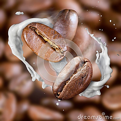 Falling roasted coffee beans with steam and milk Stock Photo
