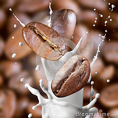 Falling roasted coffee beans with steam and milk Stock Photo