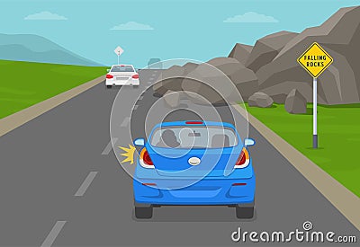 Falling rocks road or traffic sign. Car is about to go round the rocks on the highway. Vector Illustration