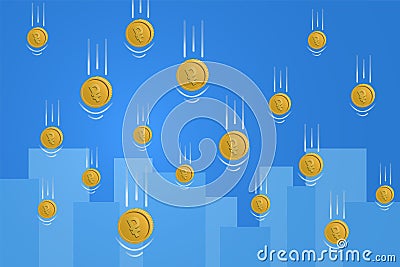 Falling Russian ruble coins for financial crisis concept. city silhouette on background. Vector illustration. Vector Illustration