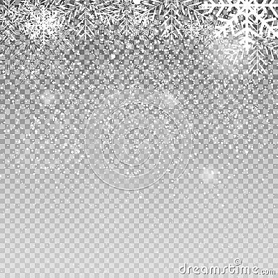 Falling Shining Snowflakes and Snow on Transparent Background. Christmas, Winter New Year . Realistic Vector Vector Illustration