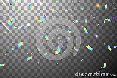 Falling Shiny Glitter rainbow Confetti with Sunshine Glare isolated. Iridescent Background. Mesh Holographic Foil Vector Illustration