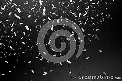 Falling Shiny Glitter silver Confetti isolated on black background. Christmas or Happy New Year Confetti Vector Illustration