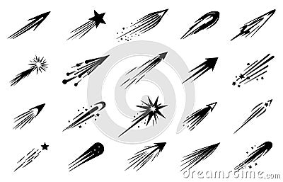 Falling shooting stars black icons set. Meteorite and comet symbols. Starry shape with tail. Celestial objects abstract Vector Illustration