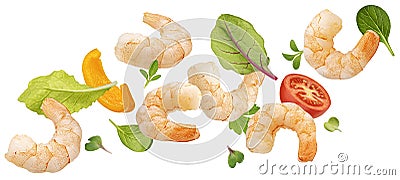 Falling shrimp salad ingredients isolated on white background Stock Photo