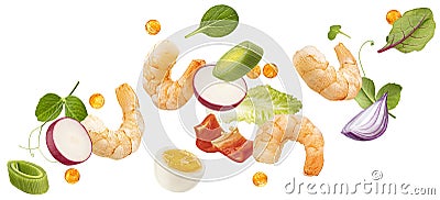 Falling shrimp salad ingredients isolated on white background Stock Photo