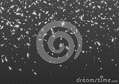 Falling silver confetti, shiny tinsel, and pieces of serpentine, abstract party background. Vector Illustration