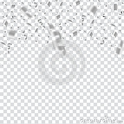 Falling silver confetti on transparent background. Many flying metallic grey tiny cut paper pieces. Silver glitter Vector Illustration