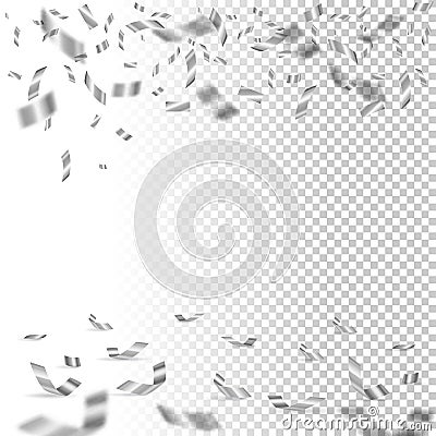 Falling silver confetti on transparent background. Vector holiday design element. Vector Illustration