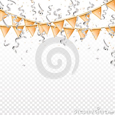 Falling silver serpentine and gold flags on transparent background. Shine ribbon and confetti, glitter, stars. Holiday Vector Illustration