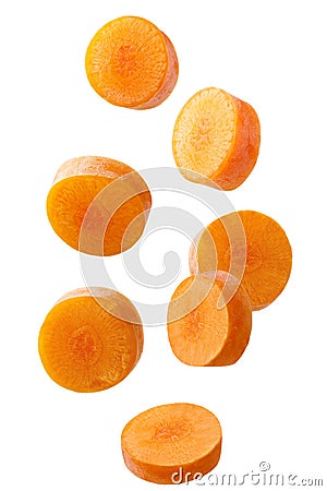 Falling sliced carrot isolated on white Stock Photo