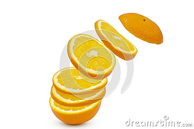 Falling sliced orange fruit isolated on white background with clipping path Stock Photo