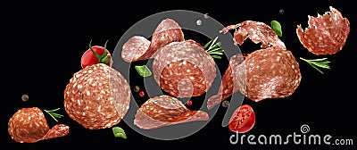 Falling sliced salami isolated on black background Stock Photo