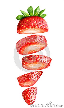 Falling sliced strawberry isolated on white Stock Photo