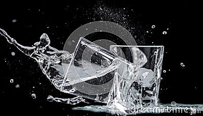 Falling small glasses and spilling water on a black background Stock Photo