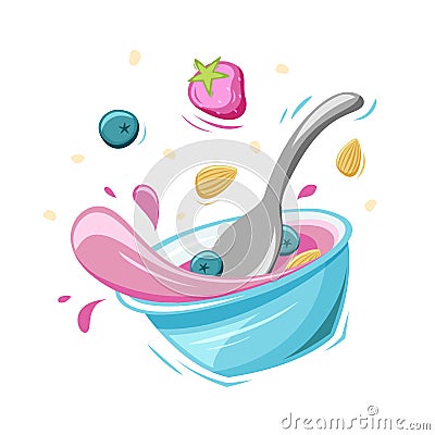 Falling smoothie bowl with spoon, flying berries and splash. Stylized fruit yogurt or healthy food Vector Illustration