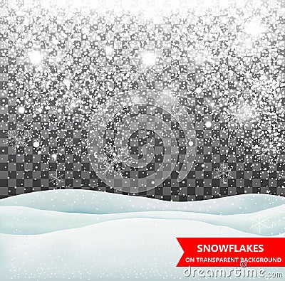 The falling snow and drifts on a transparent background. Snowfall. Christmas. Snowflakes and snow drifts. Snowflake vector Vector Illustration
