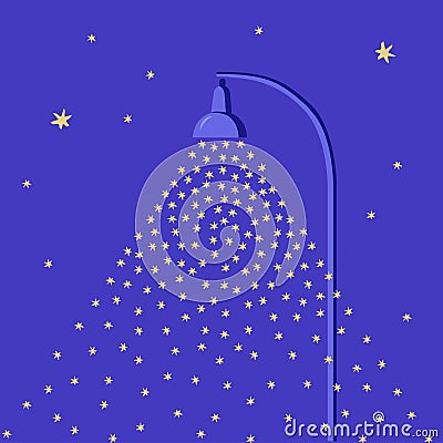 Falling snow lit by a street lamp. Cartoon flat style Christmas background. Night sky with stars. Vector blue template. Vector Illustration