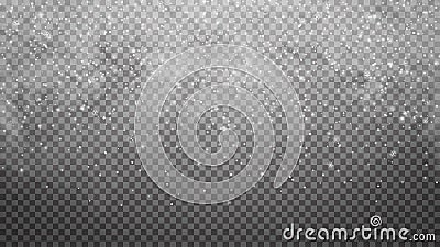 Falling snow on transparent background. Snowfall texture, snowflakes are falling down, transparent overlay effect Vector Illustration