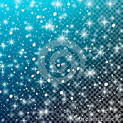 Falling snow on a transparent blue background. Vector illustration 10 EPS. Abstract white glitter snowflake background. Vector mag Cartoon Illustration