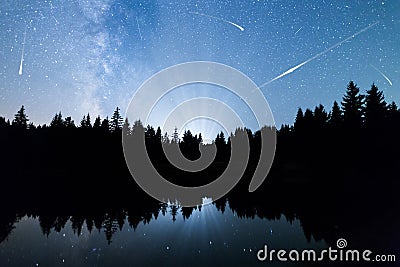 Falling stars Lake pine trees silhouette Milky Way Stock Photo