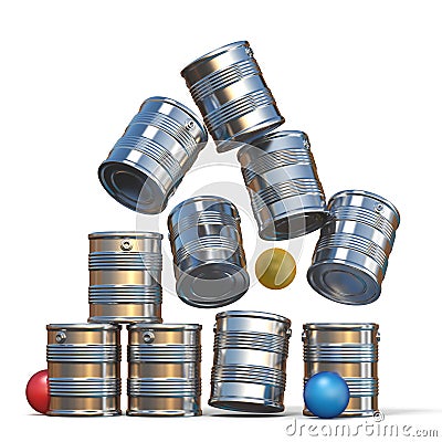 Falling tin cans and three balls 3D Cartoon Illustration