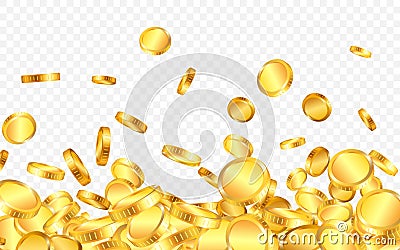 Falling from the top a lot of gold coins on transparent background. Vector illustration Vector Illustration