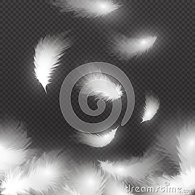 Falling white fluffy feathers on air on black background. Easy symbol concept vector illustration Vector Illustration