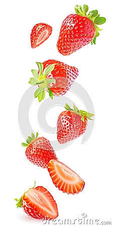 Falling whole and halved strawberries isolated on white background Stock Photo