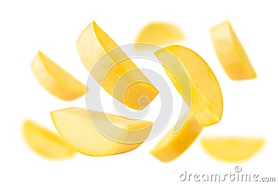 Falling Yellow Mango slices isolated on white background with clipping path, full depth of field. Stock Photo