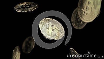 Fallling bitcoins on black background Stock Photo