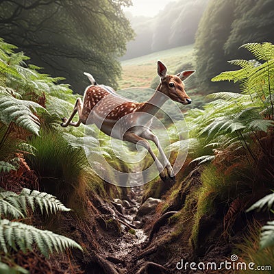 Fallow deer runs through green English countryside Stock Photo