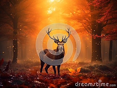 Fallow deer stag in beautiful autumn forest Cartoon Illustration