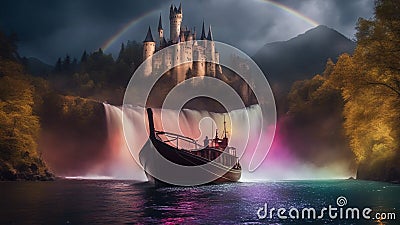 falls in the night A rainbow boat plunging into a waterfall of blood, with a haunted castle over looking it Stock Photo