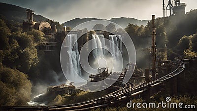 falls at night Steam punk Beusnita Waterfall with a landscape of metal pipes and gears, Stock Photo