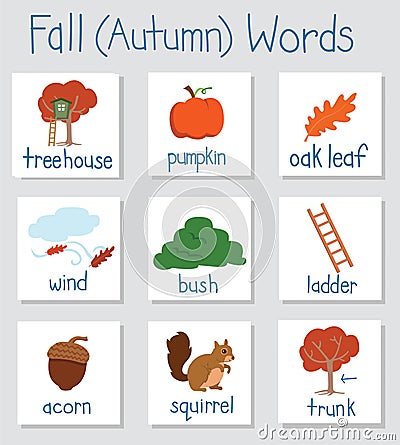 Illustration of English vocabulary cue cards related to the Fall Autumn season Stock Photo