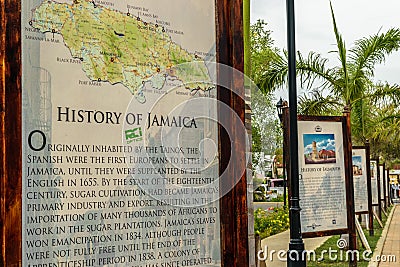 History of Jamaica and other banners at the Falmouth Cruise Port Editorial Stock Photo