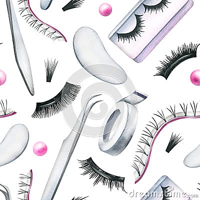 False eyelashes for extensions, tweezers, women's eyes, patches and flowers. Hand drawn watercolor illustration Cartoon Illustration