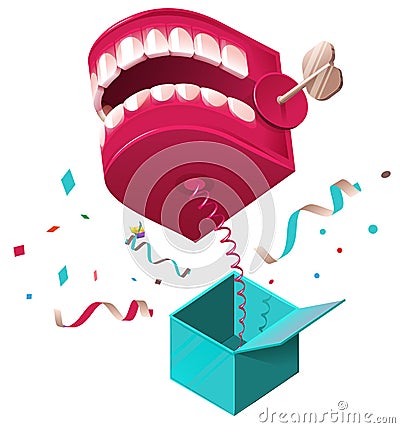 False jaw surprise for April 1 fools day. Raffle prank jumps out of box on spring Vector Illustration