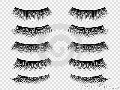 False lashes. Realistic eyelashes, fake thick lash on closed eye. Trendy women beauty salon makeup, vector set Vector Illustration